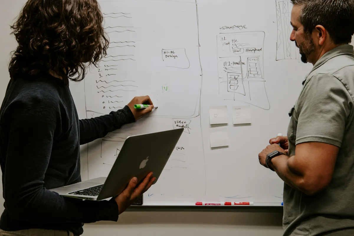 Colleagues shaping a digital product strategy at a whiteboard