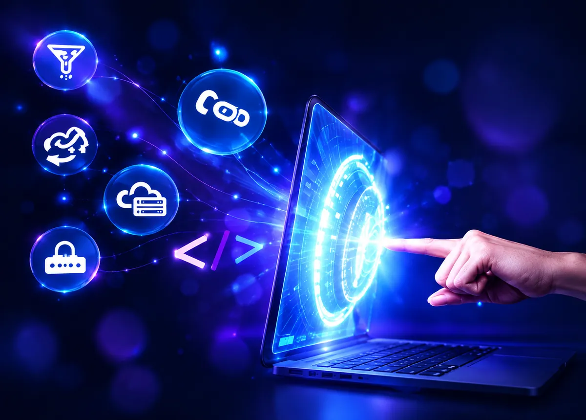 A hand touching a glowing laptop screen, with connected icons for data filtering, automation, cloud infrastructure, security, and code flowing into it