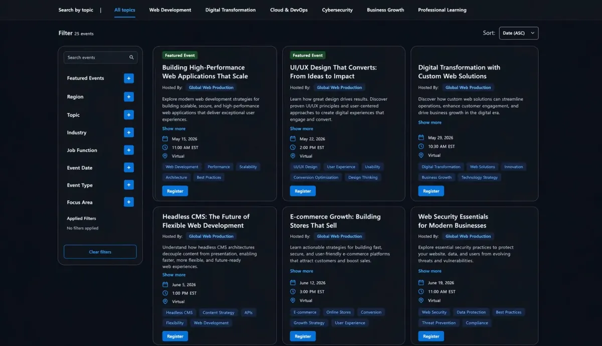 Events listing interface with search, category filters, dates, and registration links