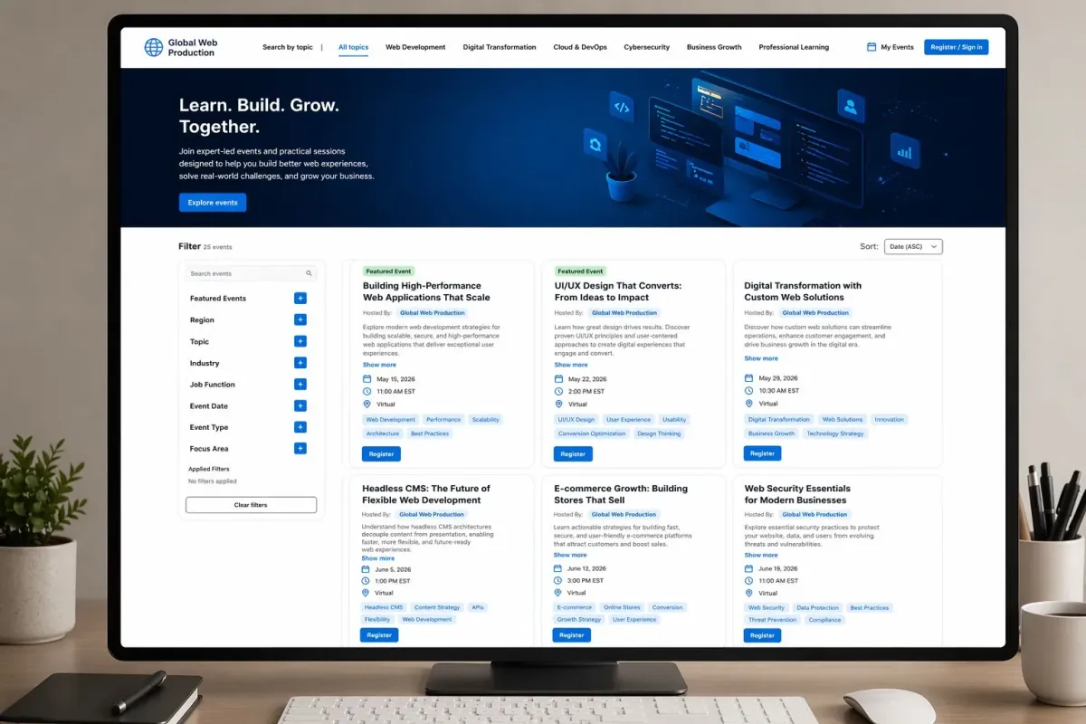Desktop monitor displaying an events website with search, filters, and event cards