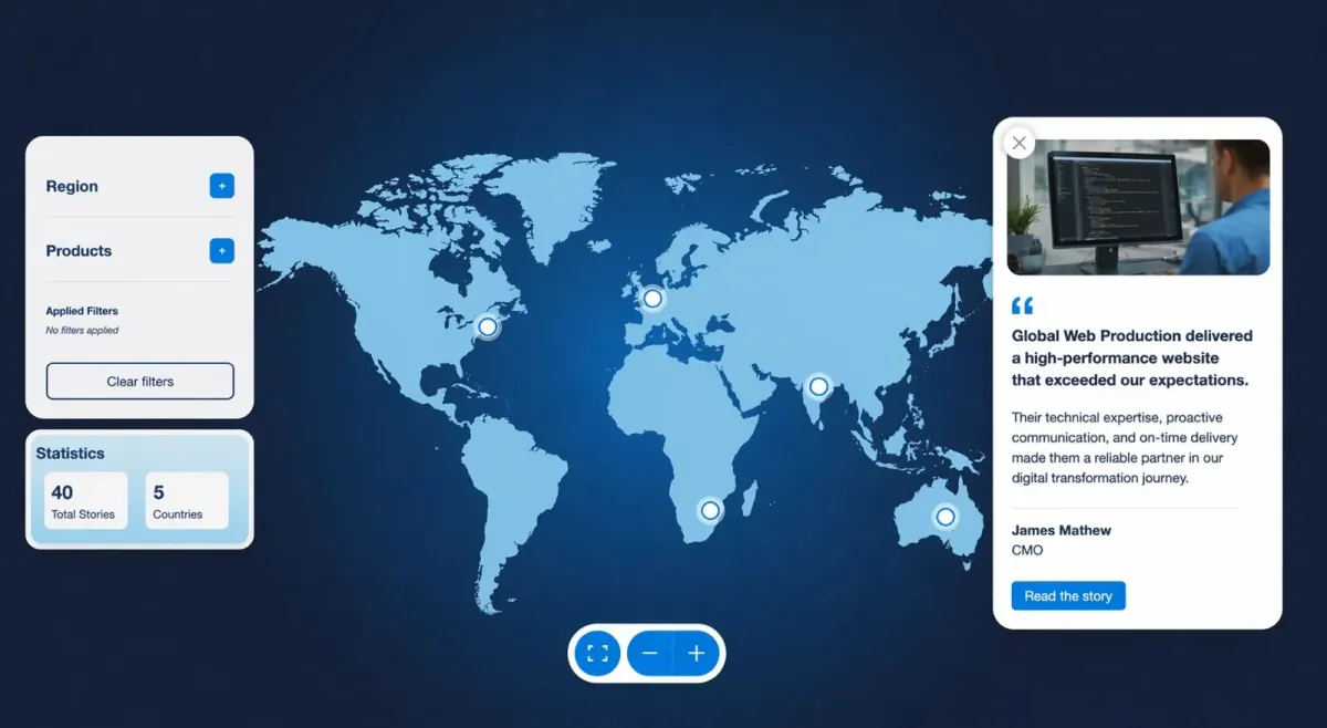 Customer-story map with regional filters, location markers, and a story preview