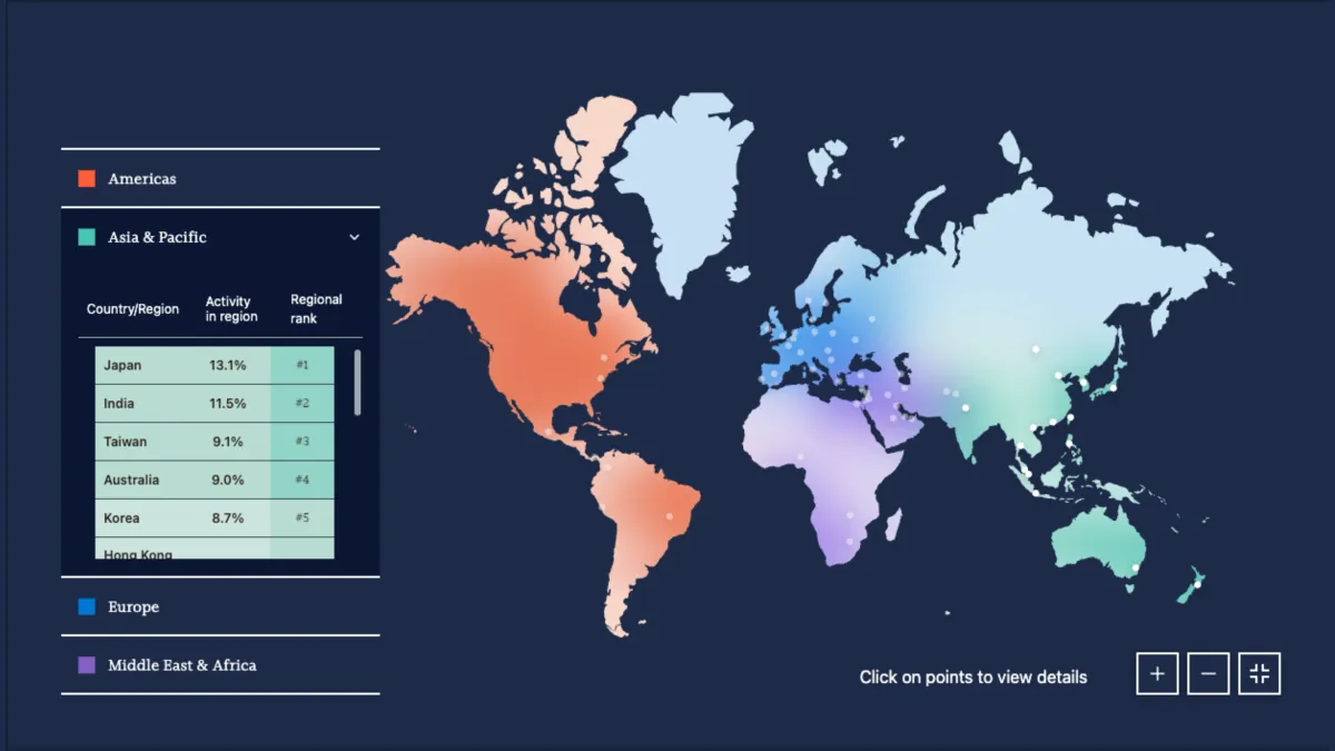 Regional map interface with a country list, geographic markers, and map controls